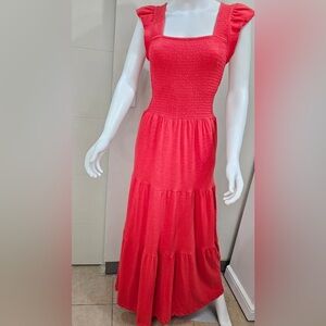 NWT LUCKY BRAND flutter sleeve tiered red maxi 100% cotton boho chic Sundress L